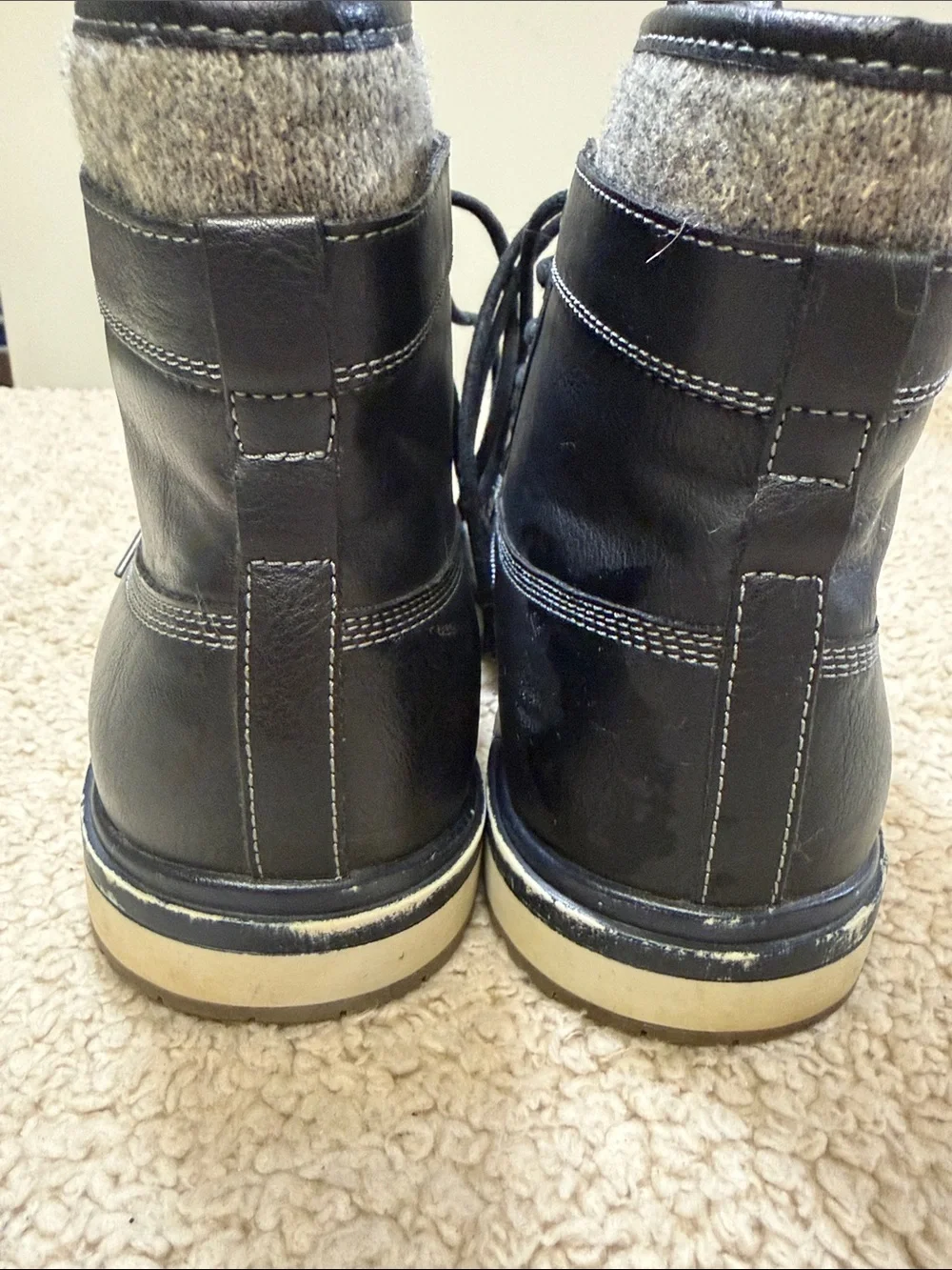 Men's Black Leather Lace-Up Boots with Gray Fabric Collar